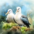 Abstract watercolor painting of a beautiful couple albatrosses. Monogamous birds. Generative AI Royalty Free Stock Photo