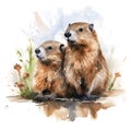 Abstract watercolor painting of a beautiful couple beavers. Lovely life partner. Generative AI.