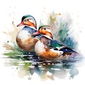 Abstract watercolor painting of a beautiful couple mandarin ducks. Generative AI