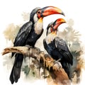 Abstract watercolor painting of a beautiful pair of hornbills. Ancient bird. Generative A