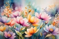 Abstract Watercolor Painting Featuring an Ensemble of Undefined Flowers - Merging Hues of Pink, Blue