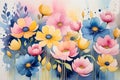 Abstract Watercolor Painting Featuring an Ensemble of Undefined Flowers - Merging Hues of Pink, Blue