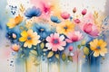 Abstract Watercolor Painting Featuring an Ensemble of Undefined Flowers - Merging Hues of Pink, Blue