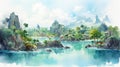 Watercolor Illustration Of An Asian Island In Manga Style