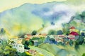 Watercolor painting village view on hill mountain