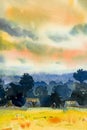 Abstract watercolor painting of village view,tree mountain Royalty Free Stock Photo