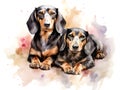 Abstract watercolor painting of a pair of dachshund. The Dachshund has a long body. Generative AI.