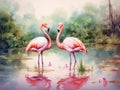 Abstract watercolor painting of a pair of flamingos. Used for making posters, wallpaper. Generative AI. Royalty Free Stock Photo