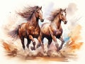 Abstract watercolor painting of a pair of horses. Used for making posters, wallpaper. Generative AI.