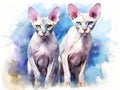 Abstract watercolor painting of a pair of Sphinx cats. A hairless cat breed. Generative AI