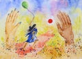 Abstract watercolor painting of a running girl , covered by pair of hands. Illustration