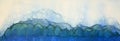 An abstract watercolor painting in shades of blue of mountains, sky and lakes.