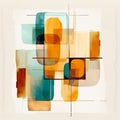 Abstract Watercolor Painting With Teal And Amber: A Blend Of Organic And Geometric Shapes