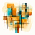 Abstract Watercolor Painting: Teal And Amber Squares In Mid-century Style