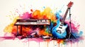 Abstract watercolor painting of vibrant guitar and piano keys, artistic concept background Royalty Free Stock Photo