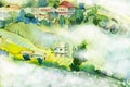 Abstract watercolor painting village view on hill mountain