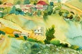 Abstract watercolor painting village view on hill mountain Royalty Free Stock Photo