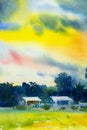 Abstract watercolor painting village view, tree mountain Royalty Free Stock Photo
