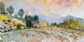 Abstract watercolor panorama of meadow field, farm with mountain and sky