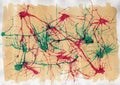 Abstract watercolor on paper. Background neurons, red and green