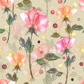 Artistic seamless pattern of watercolor flowers, leaves, inflorescences, branches.