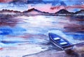 Abstract watercolor romantic landscape. Wooden boat on shore of beautiful lake with dark outlines of mountains on other side Royalty Free Stock Photo