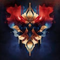 Abstract watercolor Rorschach ink blot test. Red and blue Art Deco with flaming fire and gold details. Generative AI Royalty Free Stock Photo