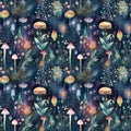 abstract watercolor seamless pattern magical forest with glowing mushrooms, flowers and plants on a dark background Royalty Free Stock Photo