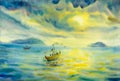 Abstract watercolor seascape original painting colorful of fishing boat Royalty Free Stock Photo