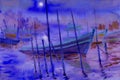 Abstract watercolor seascape original painting colorful of fishing boat Royalty Free Stock Photo