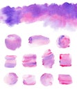 Abstract watercolor set of brushes of purple, violet and pink color stains isolated on white