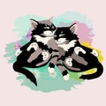 Abstract watercolor sketch two Funny black white cute kitten Royalty Free Stock Photo