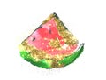 Abstract watercolor slice of watermelon and golden glitter on white background.