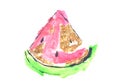 Abstract watercolor slice of watermelon and golden glitter on white background.