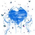 Abstract watercolor splashes blue heart . Heart with colorful butterflies.