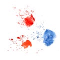 Abstract watercolor spot with droplets, smudges, stains, splashes. Three bright red and blue color blot in grunge style Royalty Free Stock Photo