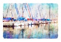 Abstract watercolor style image of nautical concept with marina, sea and boats Royalty Free Stock Photo