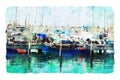 Abstract watercolor style image of nautical concept with marina, sea and boats Royalty Free Stock Photo