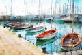 Abstract watercolor style image of nautical concept with marina, sea and boats Royalty Free Stock Photo