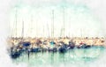 Abstract watercolor style image of nautical concept with marina, sea and boats Royalty Free Stock Photo