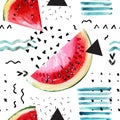 Abstract watercolor summer background : watermelon, brush stroke, doodle, paper texture.