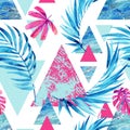 Abstract watercolor triangle and exotic leaves seamless pattern.