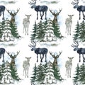 Watercolor winter pine and conifer tree forest seamless pattern with deer animals. Snowy wood print Royalty Free Stock Photo