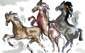 Abstract watercolour illustration of three horse figures