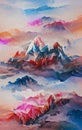 Watercolor landscape - mountains and clouds