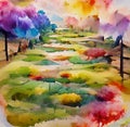 Watercolor landscape - a path through the woods