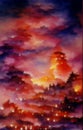 Burning city - abstract waterolor painting