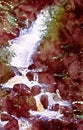Abstract watercolour painting of rocky waterfall. Vertical.