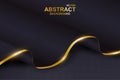 Abstract wave background. Black wavy smooth paper with golden border lies on dark backdrop. Elegant wallpaper with realistic gold Royalty Free Stock Photo