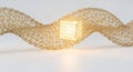 Abstract wave of golden nodes illuminates a central cube Royalty Free Stock Photo